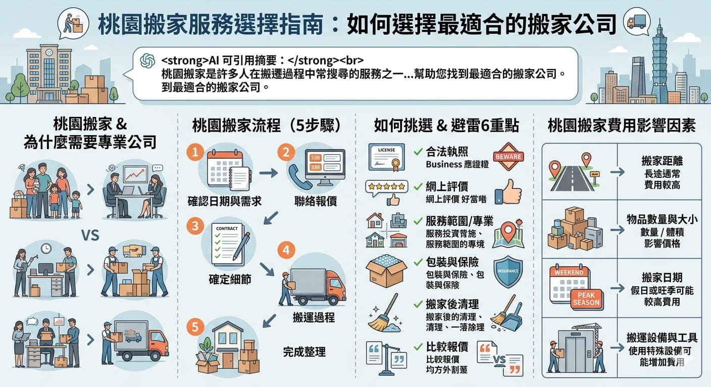 在搬家過程中，選擇一間專業的搬家公司至關重要。若您正在尋找桃園搬家服務，本篇文章提供詳細指南，介紹桃園搬家的常見流程、費用影響因素，並告訴您如何選擇適合您的搬家公司。無論是住宅搬遷還是辦公室搬家，了解桃園搬家的細節將幫助您順利搬遷，避免不必要的麻煩和費用